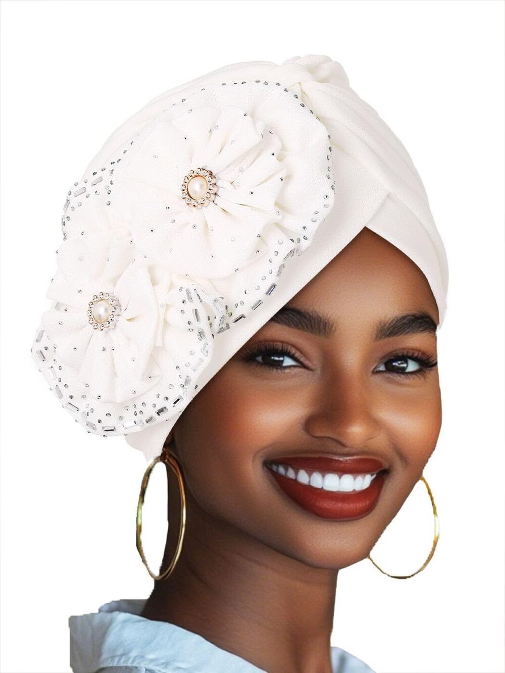 1737 Flower Turbans White Glitter Crystal Beanie Caps Stretchy Pre-Tied